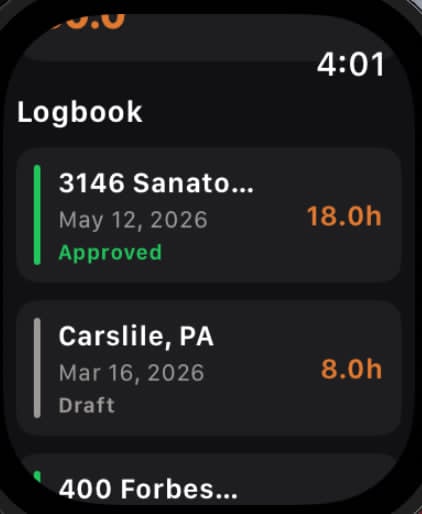 On Rope Apple Watch logbook showing approved and draft entries