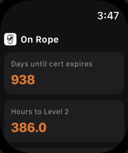 On Rope Apple Watch dashboard showing certification days and Level 2 hours